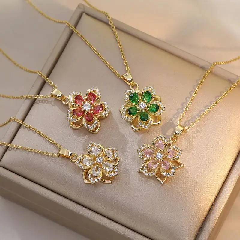 Rotatable Flower Necklace for Women – 360 Degress Spinning Crystal Bauhinia Pendant, Adjustable Fidget Anxiety Relief Necklace, Delicate Aesthetic Jewelry Gift (Red/Pink/Green/White)
