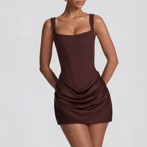 Ugreat Sexy Comfy Bodycon Ruched Drawstring Mini Corset Dress for Women Formal Party Workwear Wedding Guest Dresses Square Neck Summer Elegant Feminine Solid Color Fishbone Structure Gathered Texture Personalized Fit Womenswear Elegance