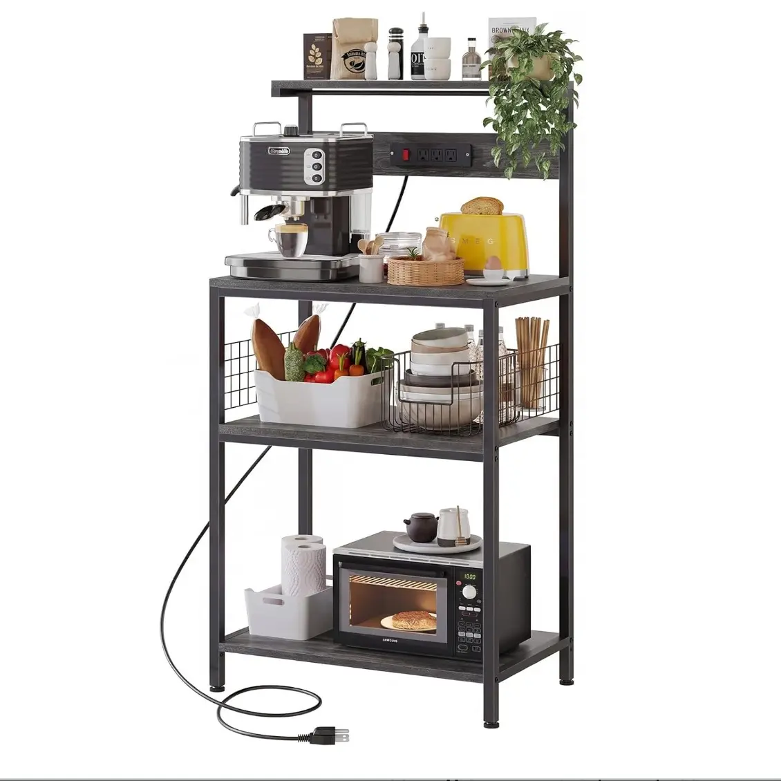 Modern Kitchen Bakers Rack with Power Outlet, 4-Tier Coffee Bar Table & Microwave Oven Stand, Adjustable Storage Shelf for Spices and Small Appliances, Space-Saving Organizer, Two Sizes  (31.5"/23.6"), Gray
