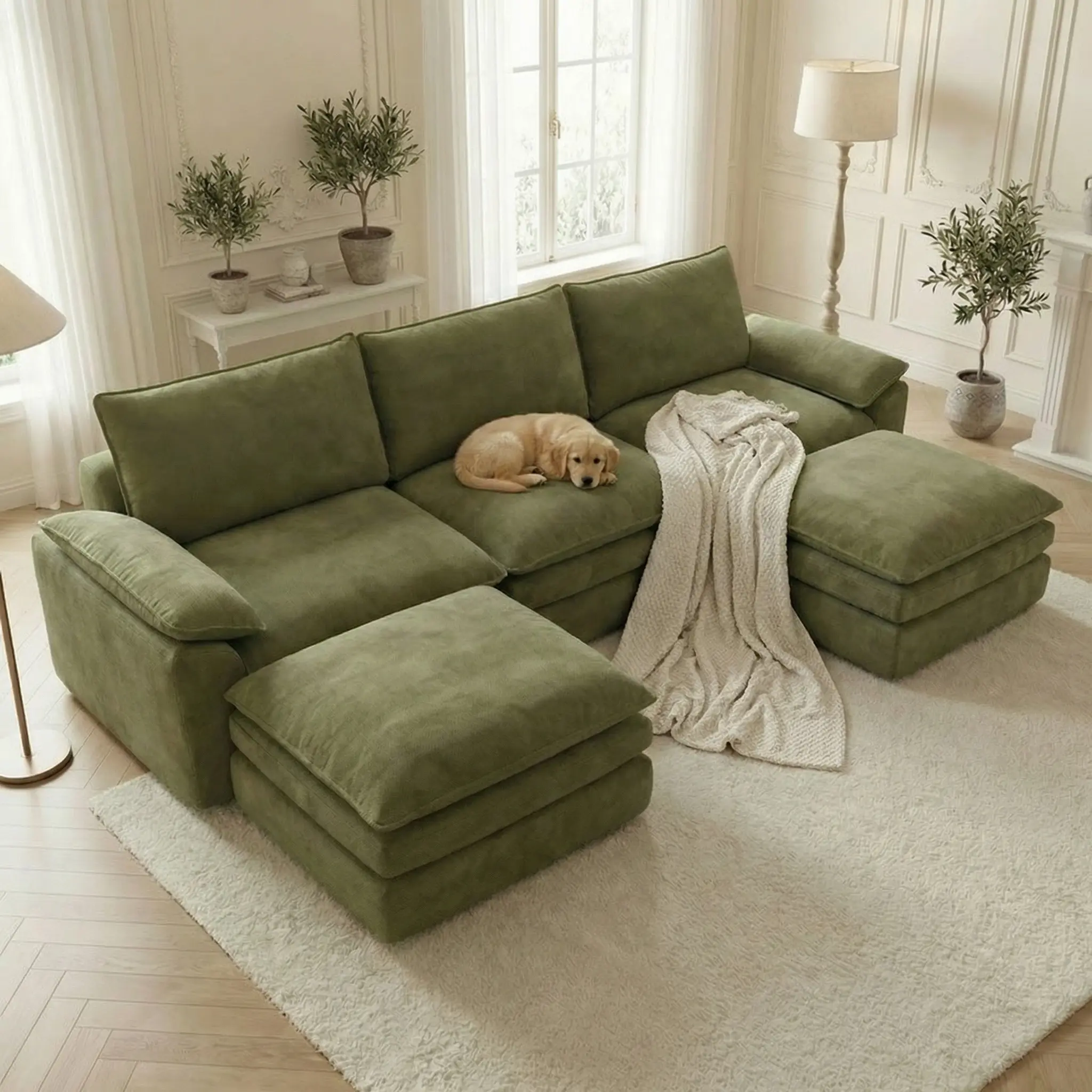 118in L-Shaped Modular Sectional Couch - Knitted Flannelette Chenille Plush Sofa, Non-Rigid Comfort, Pre-Assembled No Assembly Needed, Couch for Living Room Apartment Furniture (Velvet Cloud White)