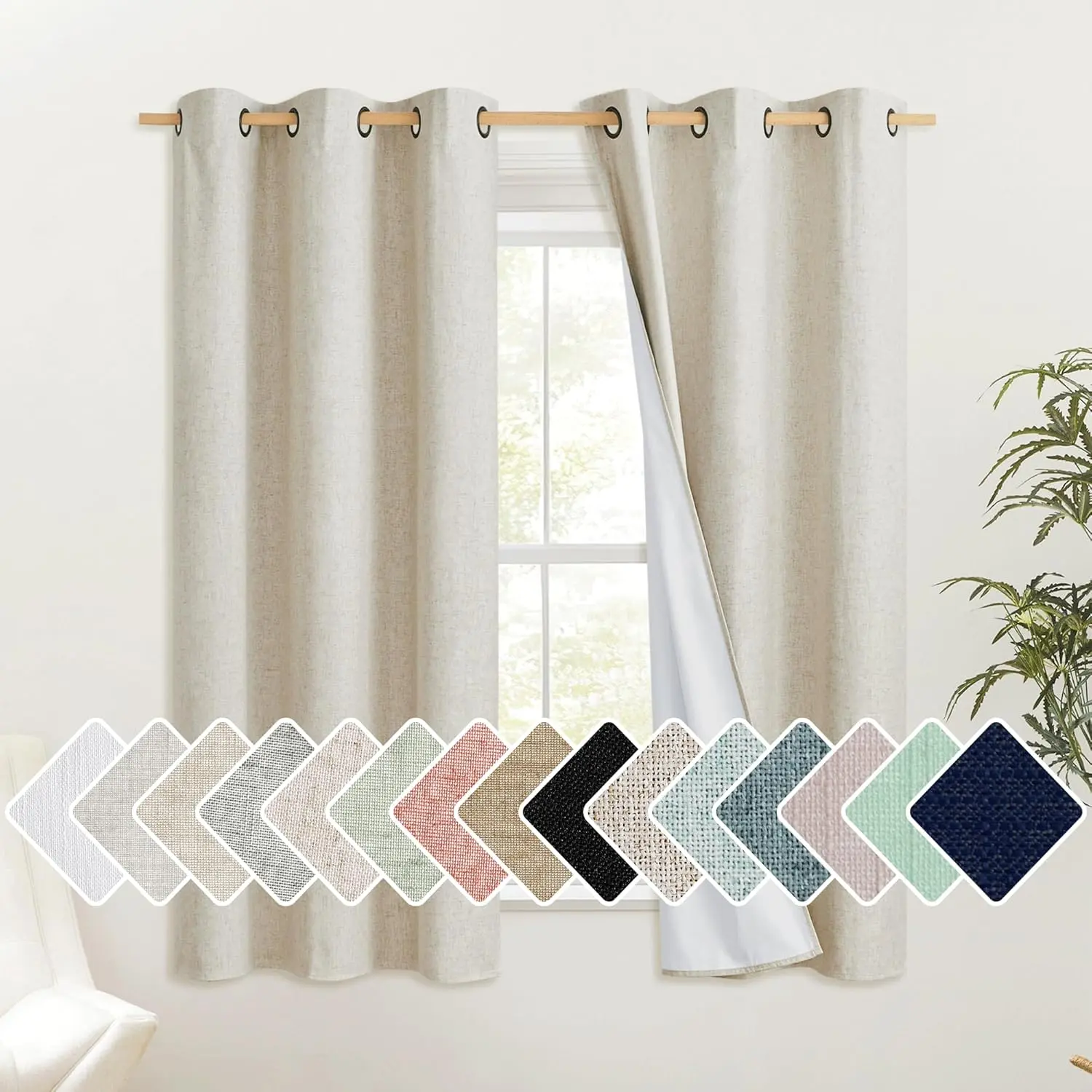 NICETOWN Thick Linen Blend 100% Blackout Curtains with Liners, Rustic Grommet Thermal Insulated Flax Textured Full Blackout Window Draperies for Bedroom