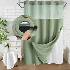 Green Double Layer Waffle-Pattern Shower Curtain - No Hook Snap-in Liner, Fabric Waterproof Inner & Washable White Outer Cloth, Modern Bathroom Accessory for Home/Hotel/Salon/Dorm, 72x75 Inch