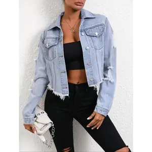 Women's Distressed Trim Fringe Denim Jacket, Fashion Casual Fitted Long Sleeve Button Outerwear for Daily Outdoor Wear, Ladies Clothes for Spring & Fall, Denim Jacket Women, Longsleeves Womenswear, Casual Fashionable Jacket, Coats