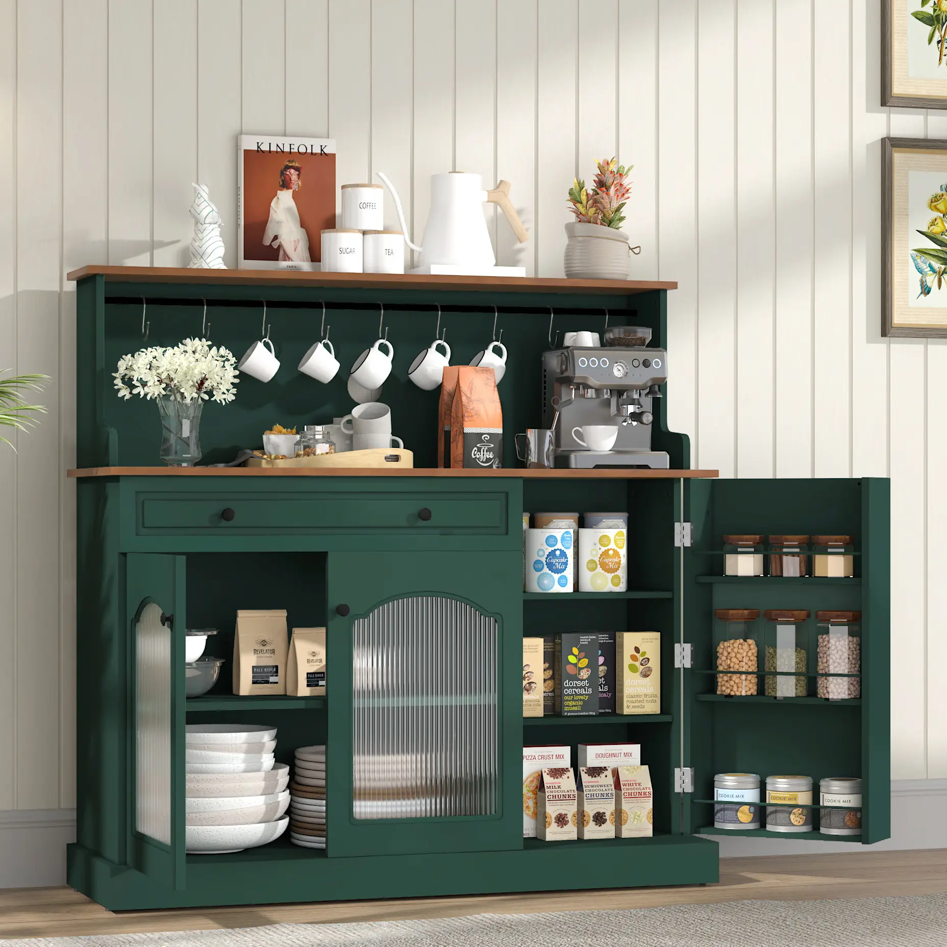 3 - Door Kitchen Hutch | Aesthetic, Farmhouse, Retro - Vibes, Multipurpose, Space - Saving | Ideal for Kitchen, Dining Room, Coffee Nook | Organized Storage, Stylish Display Modern Pantry