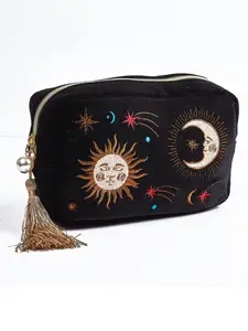 Velvet Makeup Bag Cosmetic Pouch with Sunflower Embroidery and Pearl Pull, Inner Layered Pockets, Anti-Collision Design, Perfect Gift for Family, Makeup Organizer Pouch