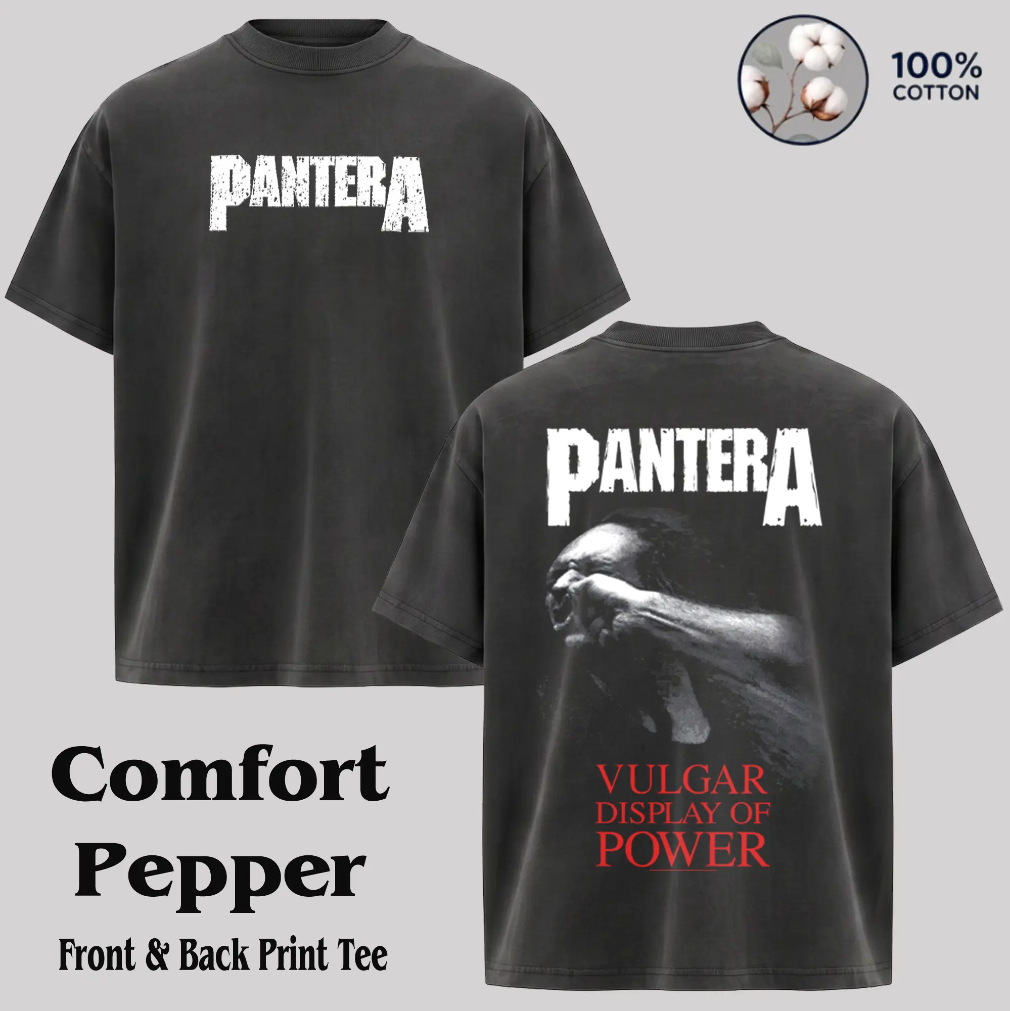 Men's Pantera Band T-Shirt - Vulgar Display Of Power Graphic, Vintage Washed 100% Cotton, 90s Rock Vibe Grunge Aesthetic, Breathable, m Size, Foldable, Casual Days to Outdoor Trips, Streetwear Top, Classic Menswear