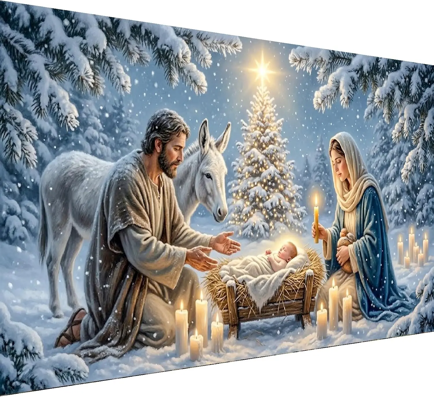 5D Diamond Painting Kit, Winter Snow Nativity Holy Family Manger Christmas Scene Canvas, DIY Christian Religious Home Decor Craft