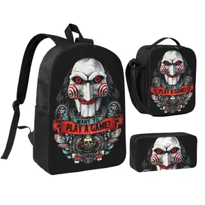 Spacious Horror movies Backpack 3pcs Set Saw movie Daily School Backpack with Insulated Lunch Bag & Pencil Pouch Practical Trendy Saw movie collection Bag Birthday & Back to School Gifts