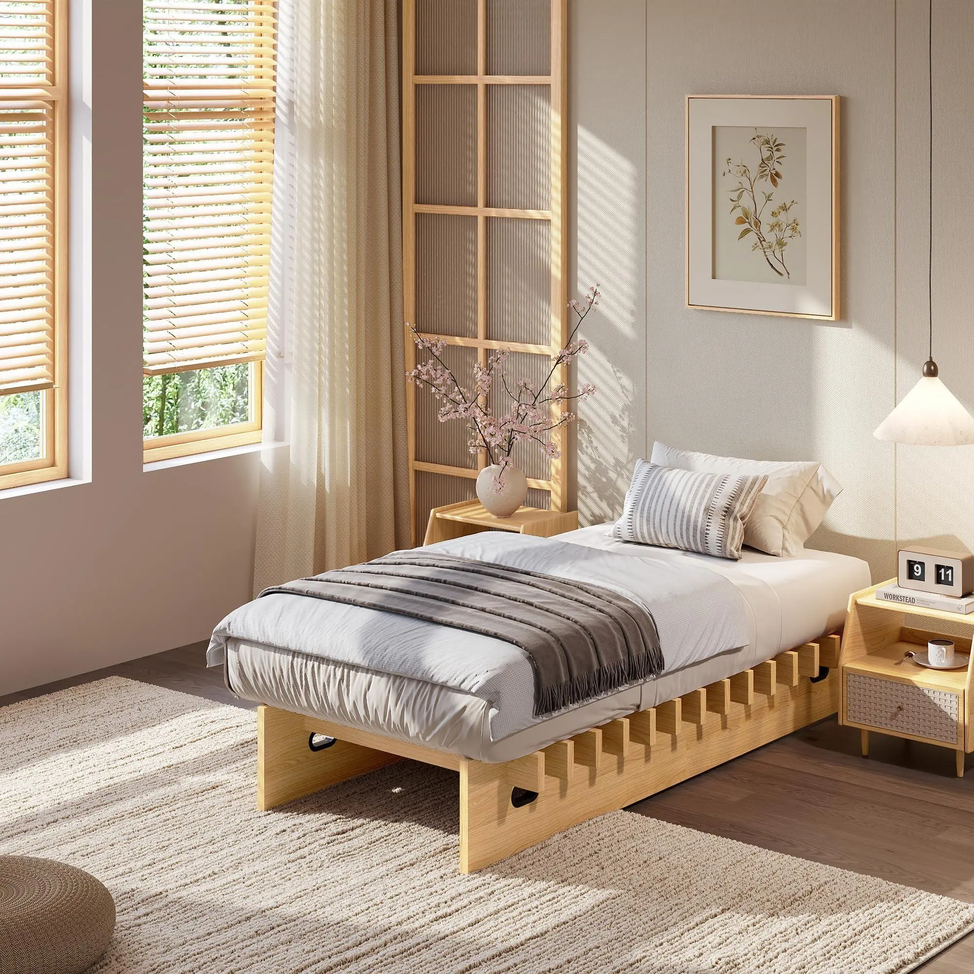 Garvee Low-Profile Wood Platform Bed Frame with Slat Support, Floor Bed Design, No Box Spring Needed, Fast Easy Assembly - Twin - Natural Wood