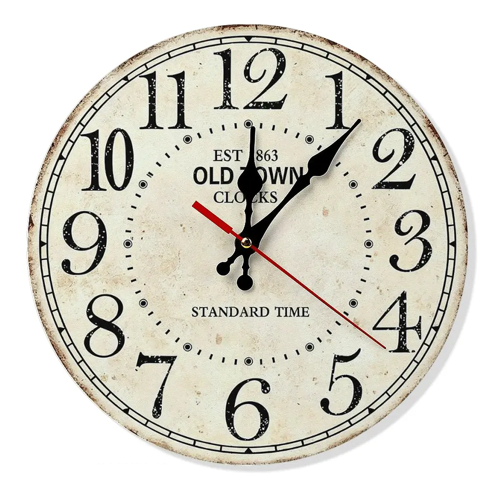 Vintage Farmhouse Decorative Wooden Wall Mount Clock, Distressed White Rustic Style, Silent Non-Ticking Arabic Num., 10/12 in for Living Room Bedroom