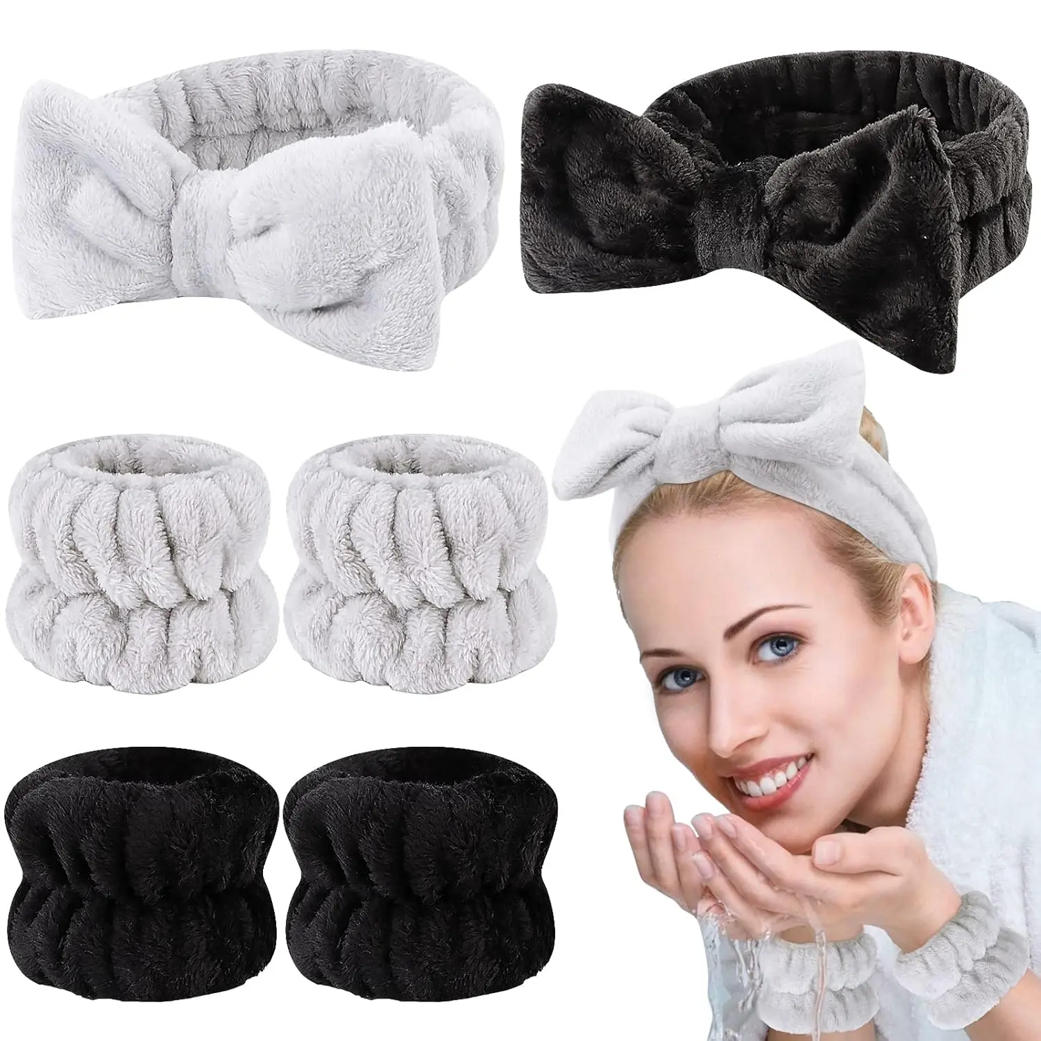 6 count Microfiber  Set - Headband,  Wash Headbands, Makeup Headbands with Wristbands for Skincare