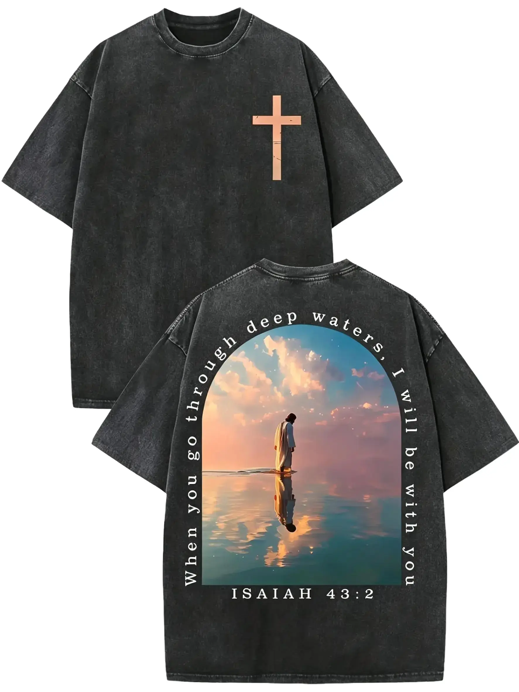 [KM 100%cotton]Men's 230g Washed Pure Cotton Short-Sleeve Round Neck T-Shirt, Cross & Isaiah Verse Design, Double-Sided Print, Distressed Drop-Shoulder Retro Y2K Vintage Streetwear, Casual Menswear Summer Top funny shirt