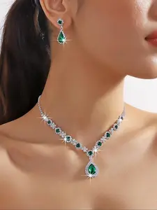 Women's Elegant Water Drop & Flower Shaped Rhinestone Decorated Matching Jewelry Set, Exquisite Trendy Necklace & Dangle Earrings, Chic Teardrop Jewelry Set for Party Decoration