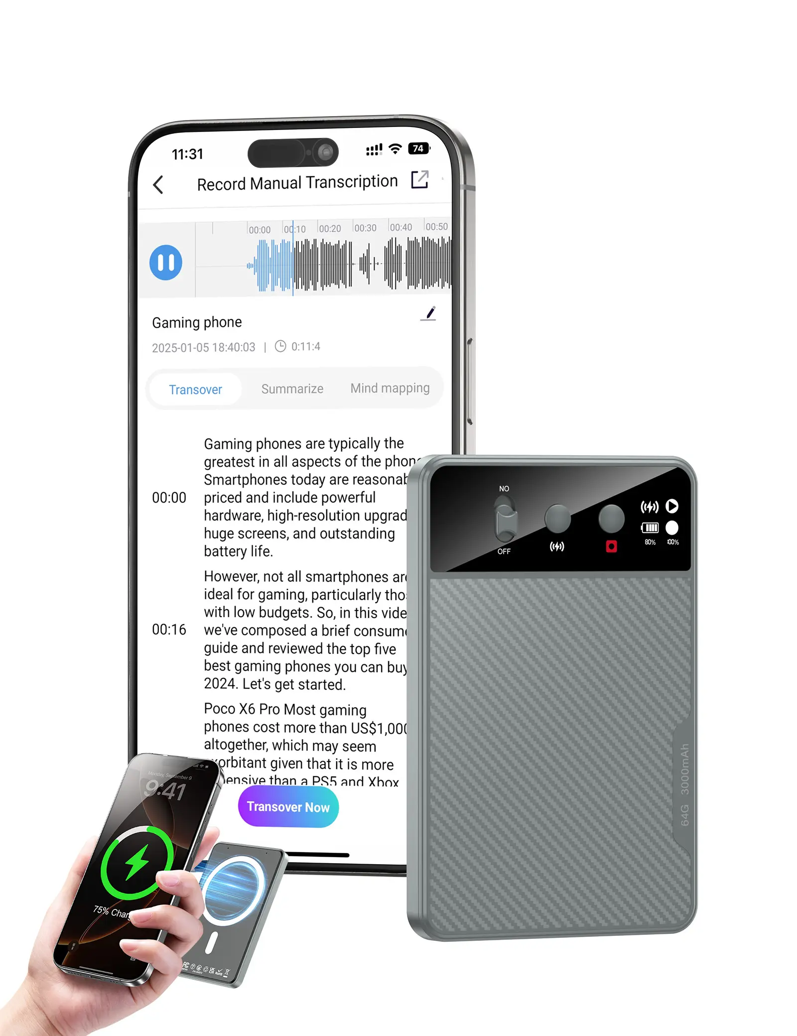 RETMSR Compact Digital Audio Voice Activated Recorder - 64GB, HD Noise Reduction, Magnetic, Local No-Fee ChatGPT Transcription, AI Summary, 121-Language Real-Time Translation, Wireless Charging, App & Web Support, 2-Year Warranty, for Lectures/Meetings