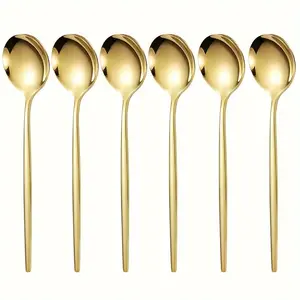 6/12 piece set of golden stainless steel spoons, Utensils, Cutlery, Tableware, Portuguese-style designed stylish smooth conical handle spoons, sturdy and durable, can be washed in a dishwasher, perfect for holidays, restaurants, parties and daily meals