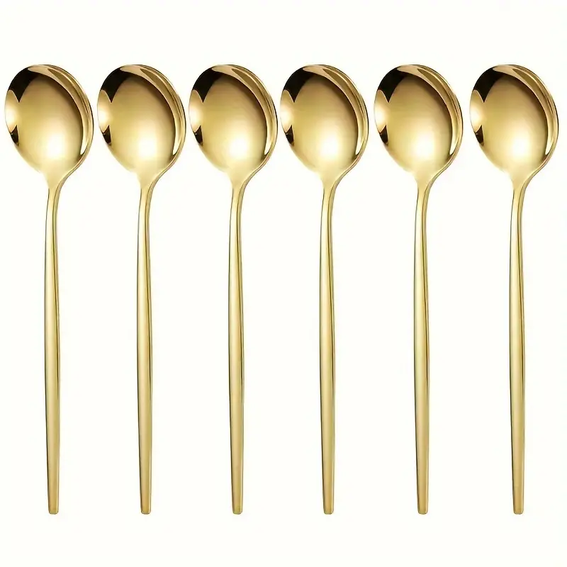 6/12 piece set of golden stainless steel spoons, Dinner spoons, Tableware, Metal utensils, Portuguese-style smooth conical handle spoons, sturdy and durable, dishwasher safe, perfect for holidays, restaurants, parties and daily meals