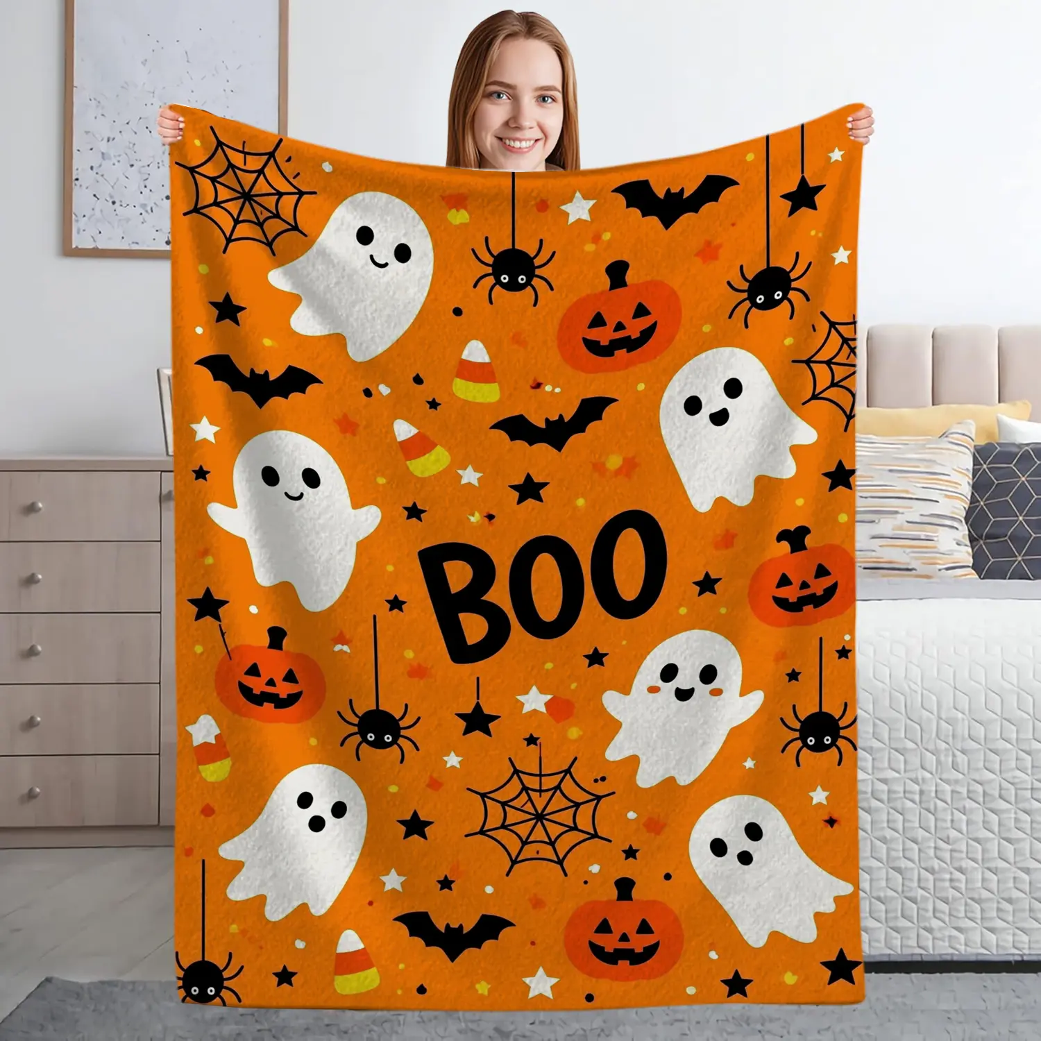 Flannel Halloween Throw Blanket - Cozy, Soft, Lightweight, Decorative Bedding with Cute Ghosts, Pumpkins, Bats, Candy Corn Patterns for Sofa, Living Room Fall Holiday Decor, Halloween Gifts