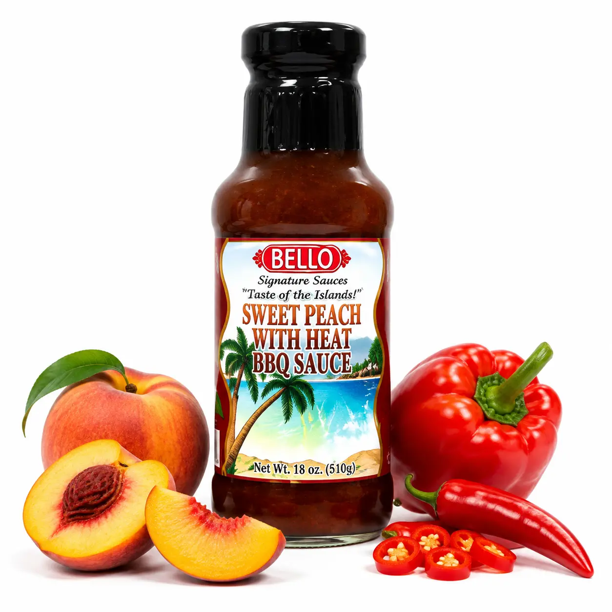 Bello Signature Sweet Peach With Heat BBQ Sauce – Sweet & Spicy Peach BBQ Sauce with Bold Flavor – Premium Grilling Sauce, Marinade & Glaze for Chicken, Ribs, Steak, Burgers, Seafood & More – Gourmet Restaurant Style Barbecue Sauce