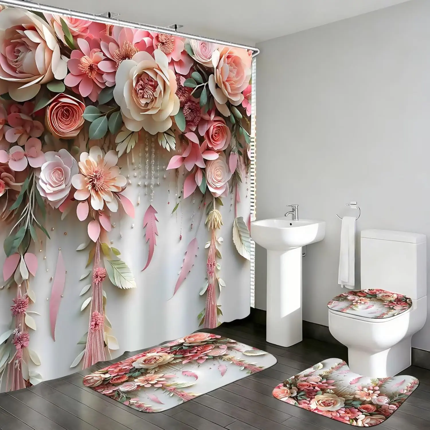 Bright Pink Floral Fabric Shower Curtain Set - Romantic Rose Design, Easy Install, Includes Matching Rugs & Bathroom Accessories for Cute Home Decor, Bright Pink Floral Shower Curtains Sets, Cute Home Bathroom Decor