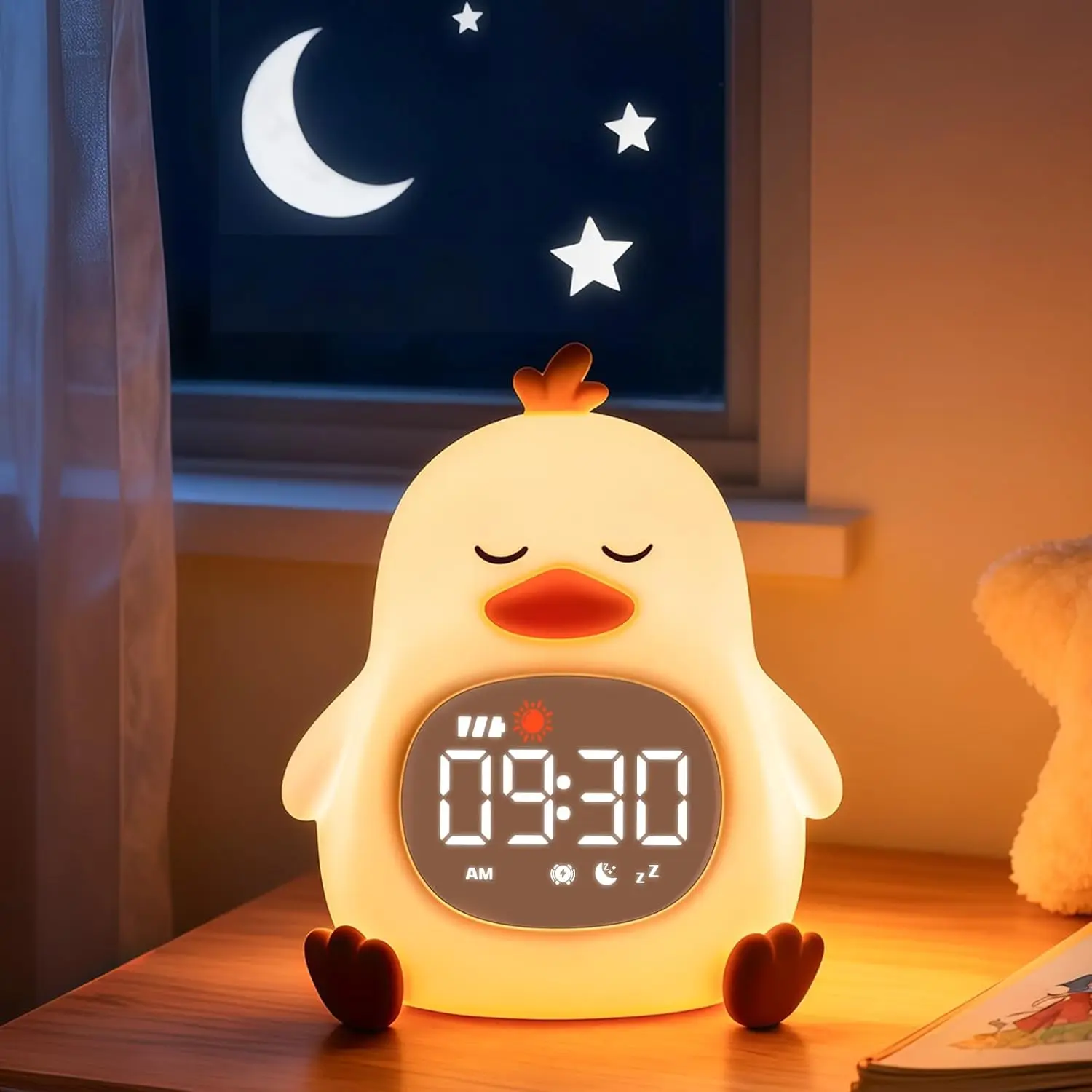Kids' Duck Sleep Trainer Clock - 7-Color Silicone Illuminated Alarm Clock, 6 White Noise, Dual Alarms, Snooze, Rechargeable Modern ABS, Toddler Bedroom Desk Decor, Ideal Birthday Gift, Illuminated Alarm Clocks