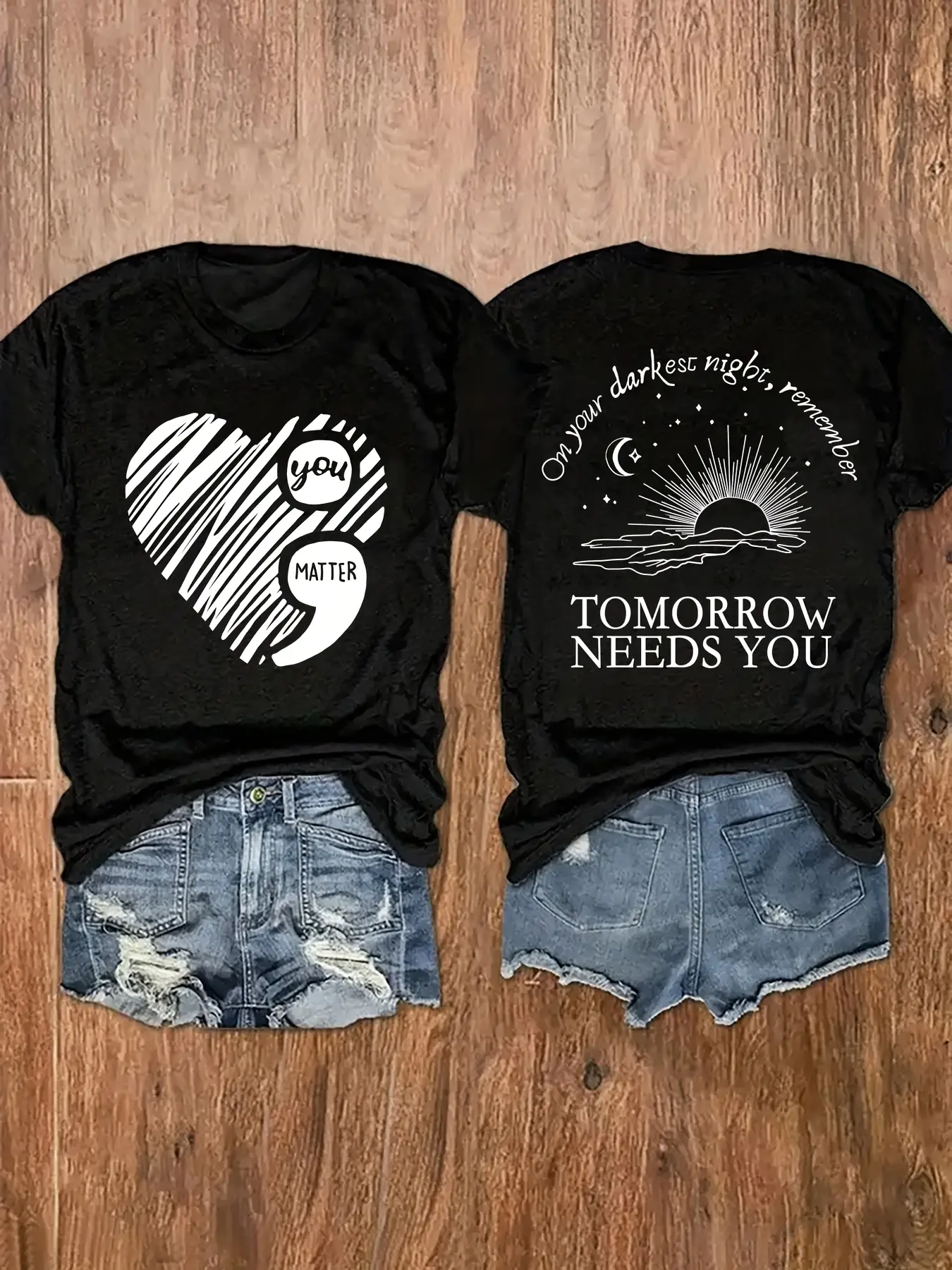Mental Health Positive Quote Front Back Print Black Cotton T-Shirt Unisex