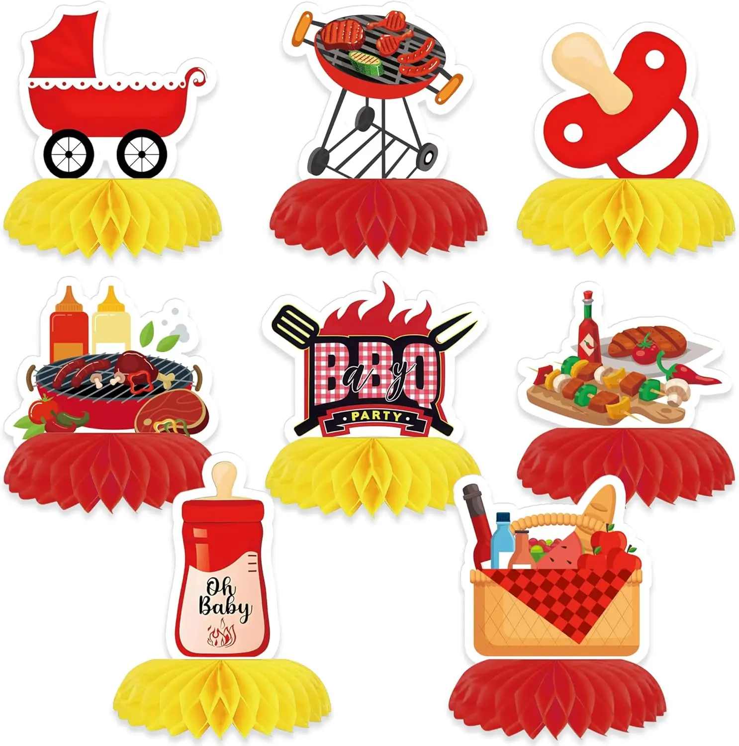 8-Piece Durable Modern Thick Card Stock Wildflower Honeycomb Decoration Set - Double Print 3D Floral Centerpieces, Easy Install, with Pocket, 2 x Yellow & 3 x Pink Honeycomb Bases for School Recreational Activities, Party Festive Ornaments, Event Centerpi
