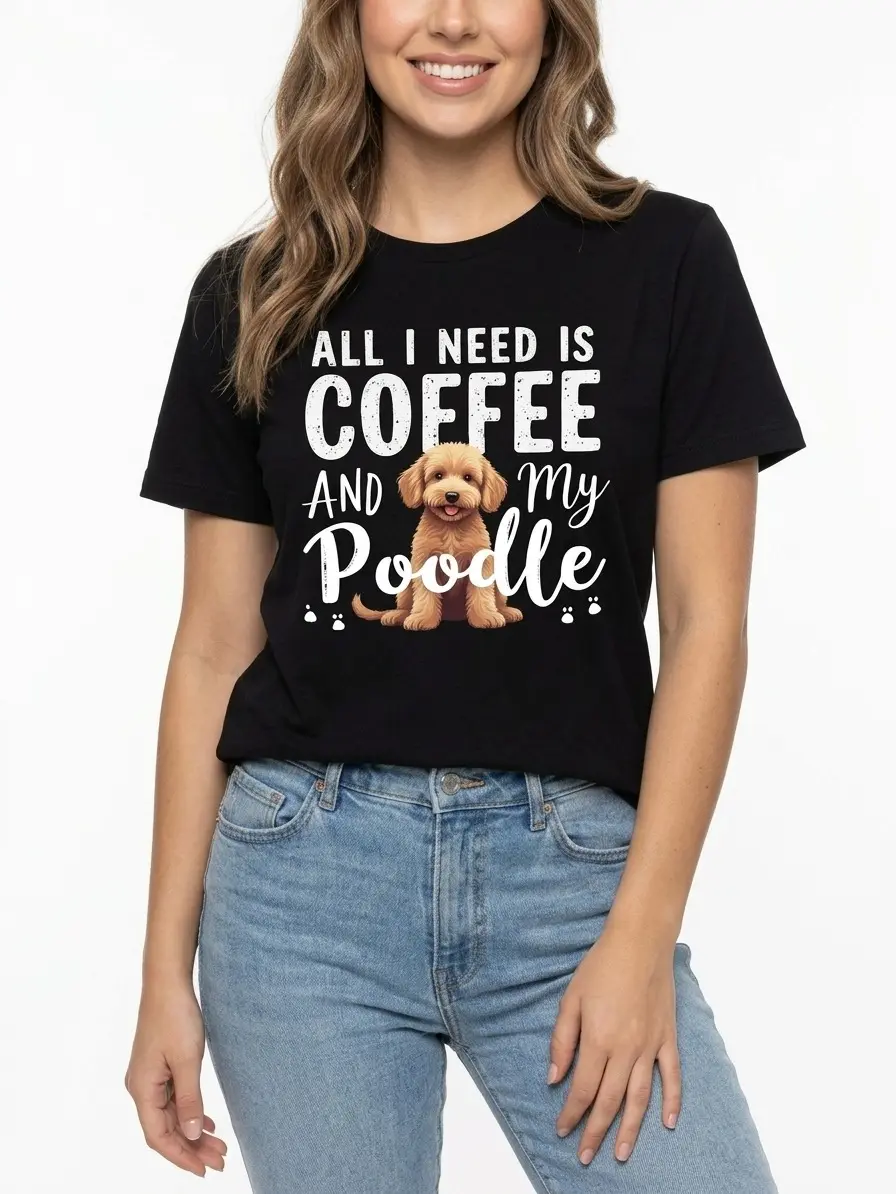 Poodle Coffee Tee Dog Graphic 100% Cotton Black S-3XL Women Dog-mom Outfit Pet-lover Gift Casual-wear