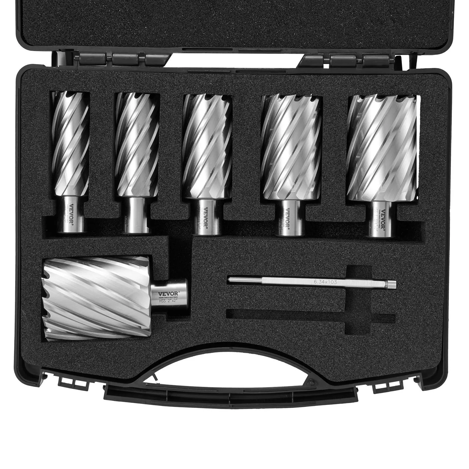 【summerfinds】VEVOR Annular Cutter Set, 6 pcs Weldon Shank Mag Drill Bits, 2" Cutting Depth, 1" to 2" Cutting Diameter, M2AL High-Speed Steel, with 2 Pilot Pins and Portable Case, for Using with Magnetic Drills
