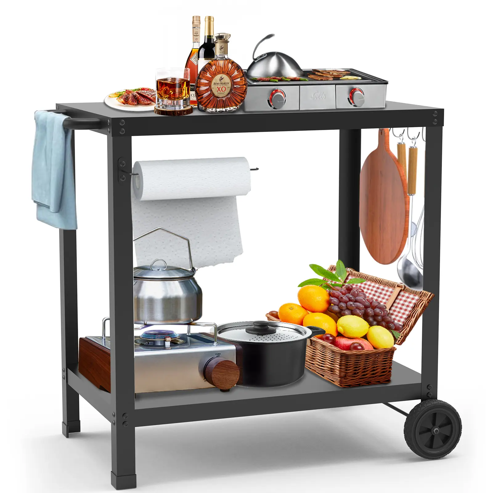 32x20 Inch Double-Shelf Grill Table, Outdoor Grill Cart for Blackstone Griddle, Movable Pizza Oven Stand, Patio Food Prep Table for Outdoor Cooking & Party