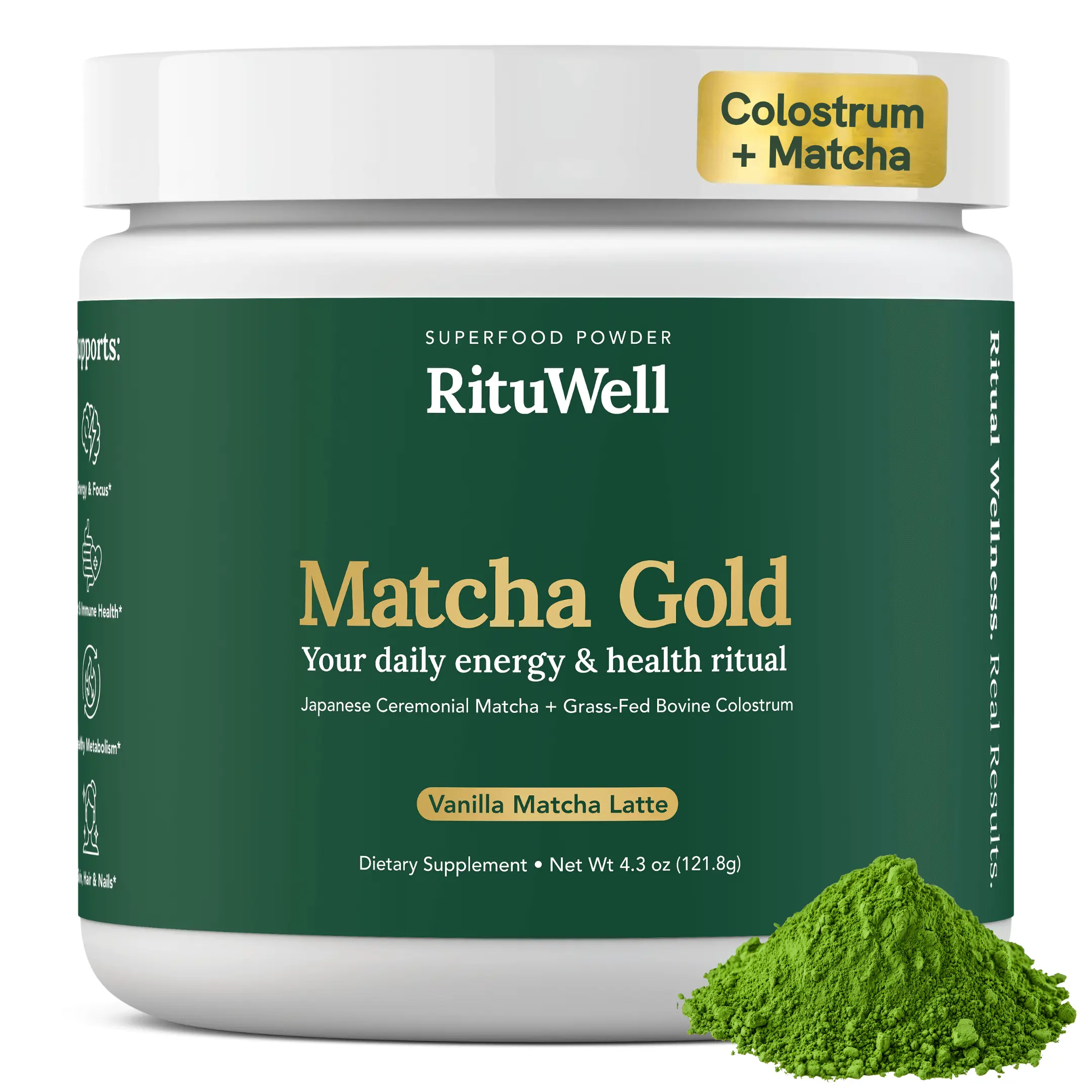 Matcha Gold | Grass-Fed Bovine Colostrum + Japanese Ceremonial Grade MatchaSuperfood Powder | 30 Servings | Vanilla Matcha Latte