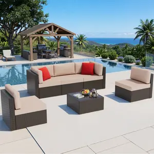 Walsunny 6 Piece Patio Furniture Sets, All Weather PE Wicker Rattan Outdoor Sectional Sofa Conversation Couch with Glass Table, Cushions and Pillows Outdoorfun