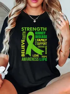 100% Cotton Unisex CKD Kidney Disease Awareness Green Ribbon Strength Love Hope T-Shirt -Short Sleeve T-Shirt Women's Men's Graphic Tee Causal Tops
