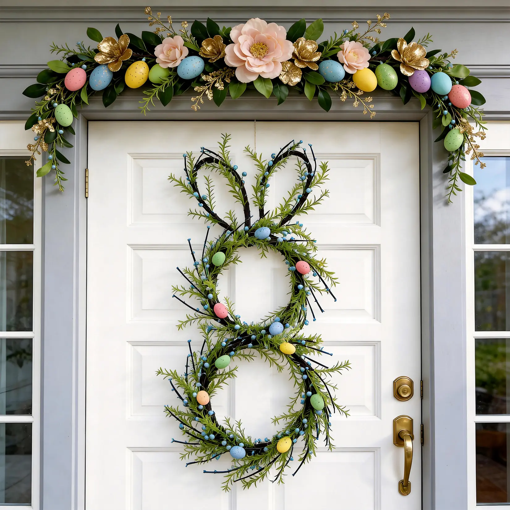 15.75x29.13" Plastic Easter Rabbit Grapevine Door Wreath with Eggs, Spring Green Twig Decor for Front Door, Wall, Fireplace, Festive Holiday Gift