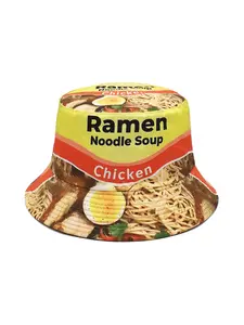 1pc Ramen Noodle Soup Print Fisherman Hat - Stylish Black & Yellow Bucket Hat with Realistic Food Design, Polyester, Non-Stretch, Hand Washable, Perfect for Outdoor & Casual Attire, Casual Headwear | Vibrant Hat | Durable Headgear
