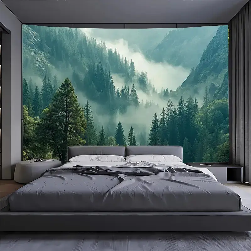 Self-Adhesive Polyester 2D Misty Forest Banner Wallpaper, Forest Decor Room Backdrop, Suitable for Living Rooms & Bedrooms, Natural Theme Party Decor