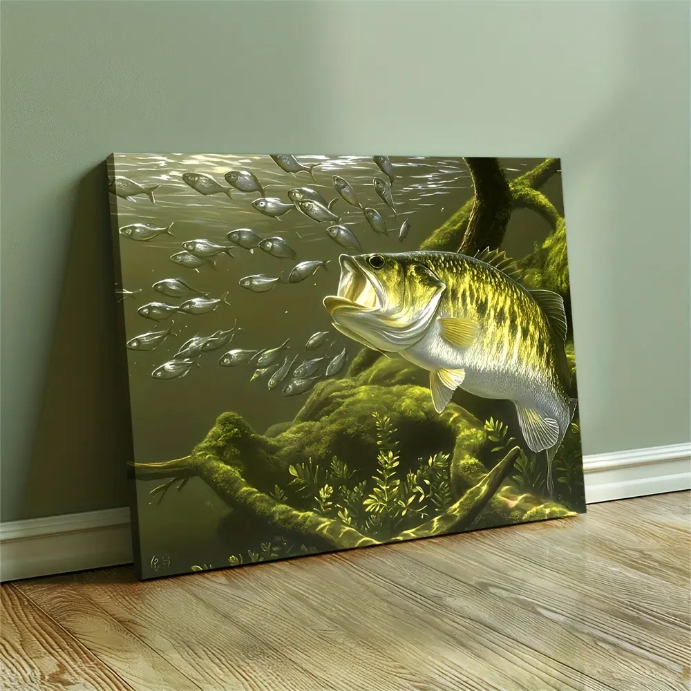 1pc Wooden-Framed Canvas Art Print - Largemouth Bass Underwater Photo, Vibrant Multi-Fish Scene, Modern Home Decor for Living Room, Office, Artistic Decoration, Ready-to-Hang Angler Gift for Fathers
