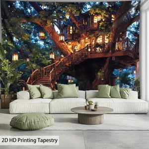 1 Piece Oversized Fairy Tale Tree House Forest Tapestry-2D High-Definition Printing Polyester Fabrics Wall Art, with Hanging Clip, Fantasy Lantern and Lush Green Plant Design, Suitable for Living Room, Bedroom, Office, Hostel Decoration-Birthday Party Gif