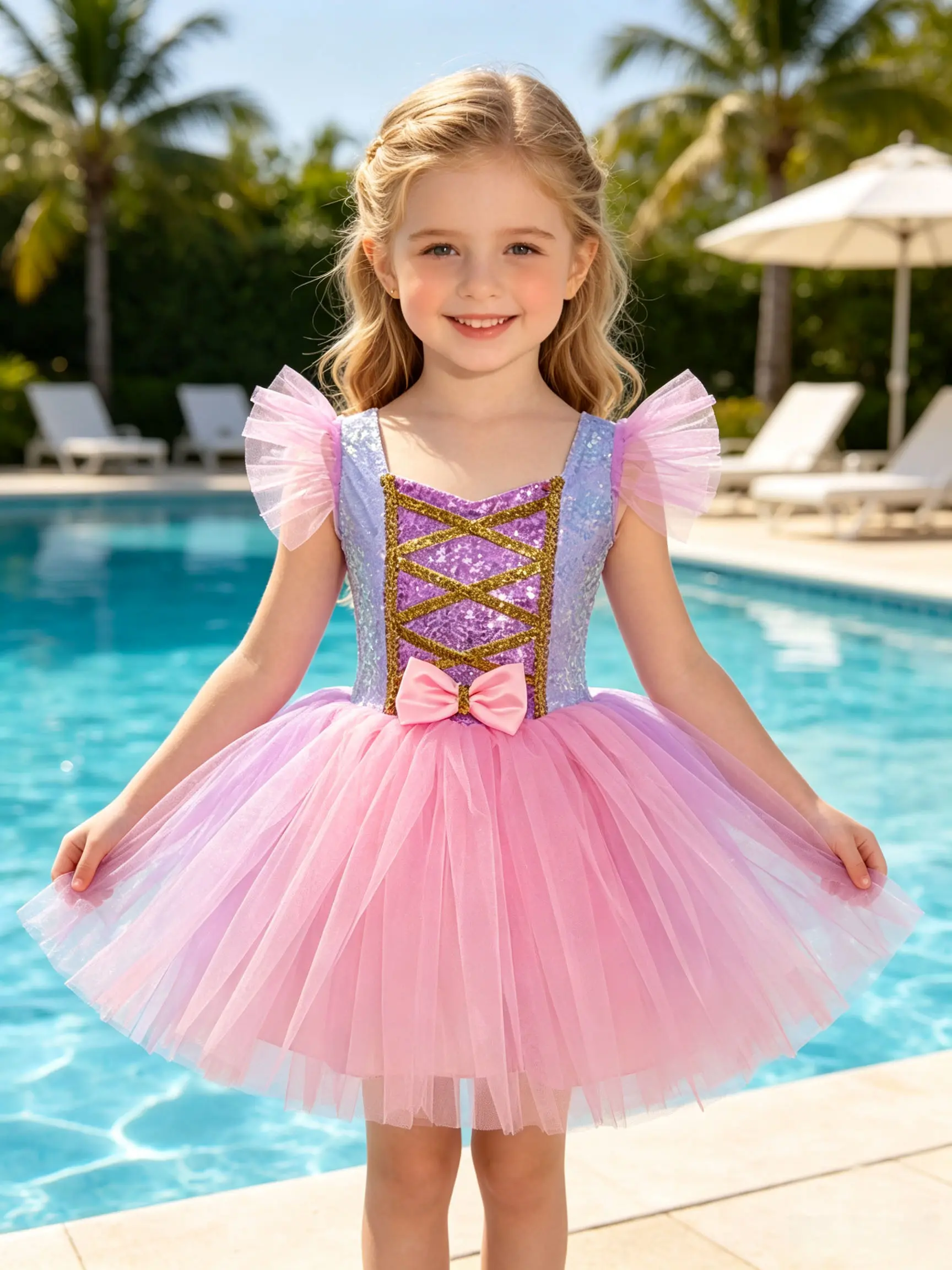 Girls Rapunzel Princess Tutu Dress Sequin Costume Pink Purple Tulle Dress Kids Halloween Birthday Party Fancy Dress Up Gown clothing banquet