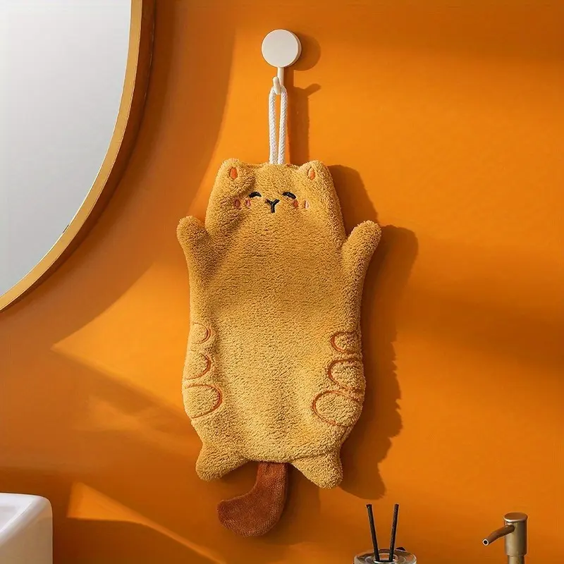 Cute cat shaped hand towel, kitchen and bathroom hanging absorbent towel, coral velvet embroidered, Decorative Towel, Kitchen Towels, Kitchenware