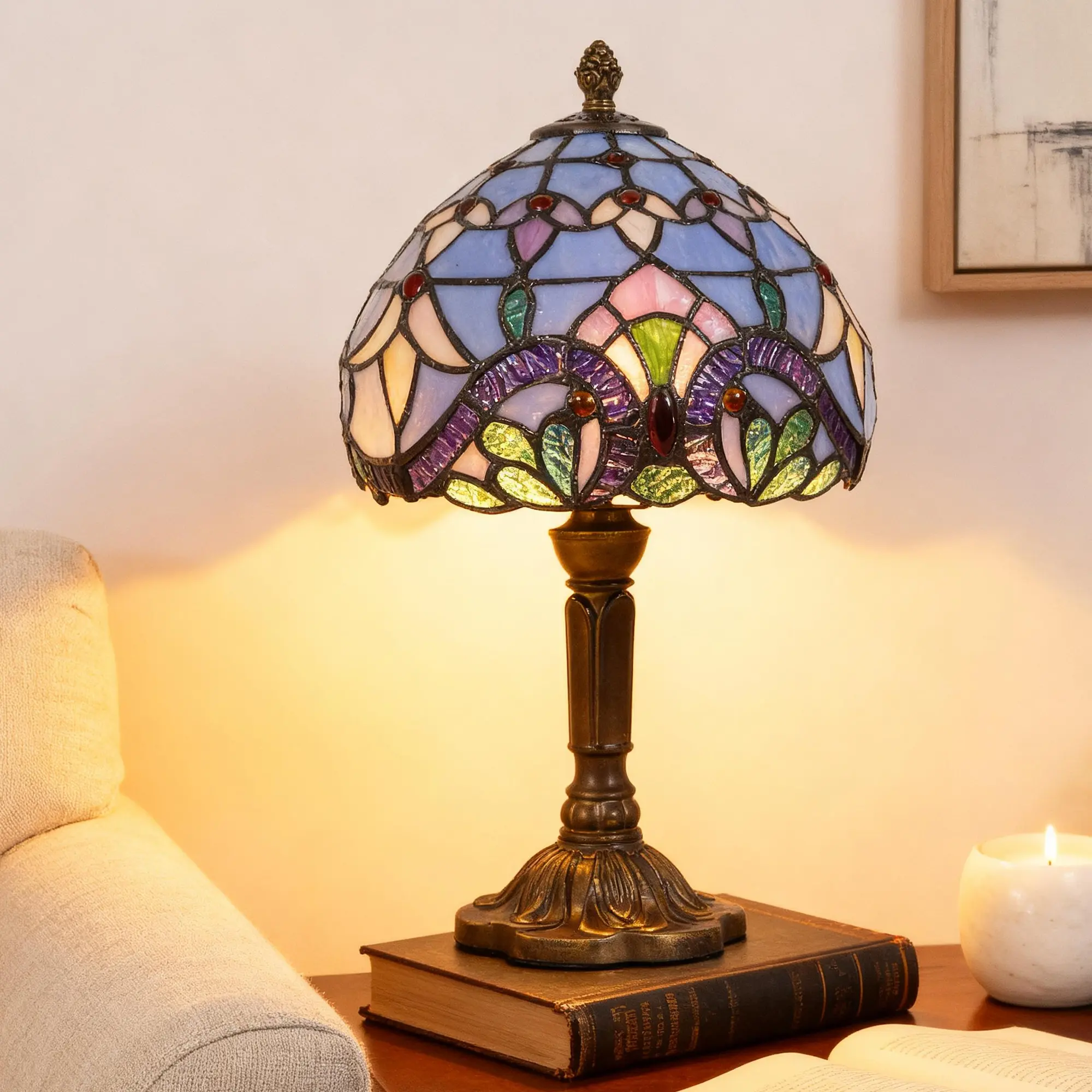 Tiffany Style Table Lamp Blue Baroque Stained Glass 8 Inch Antique Lamp for Bedside Nightstand Bedroom Living Room Home Office with LED Bulb