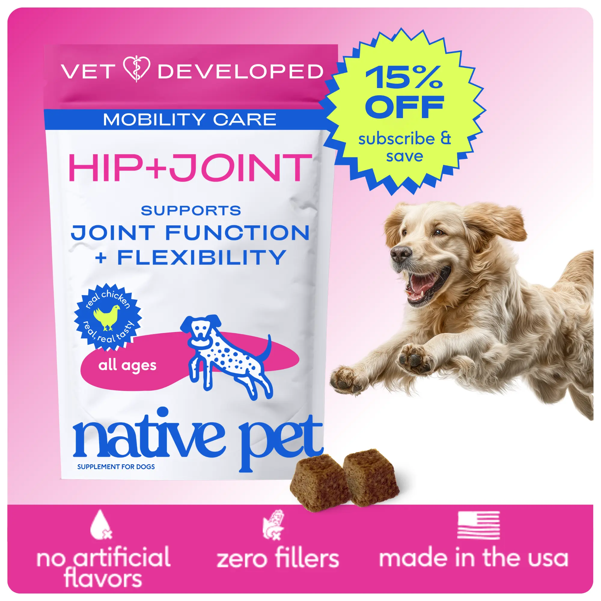Native Pet Hip & Joint Supplement for Dogs - Advanced Dog Joint & Arthritis Supplement - Helps Maintain Healthy Cartilage, Joint Flexibility, Lubrication, & Function - with ESM & Collagen