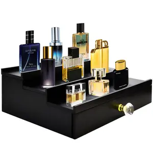 Cologne Organizer for Men, 3 Tier Cologne Stand Organizer for Men, Wood Perfume Organizer with Felt Lining Drawer and Hidden Compartment, Great Gift for Men(Black) Racks Wooden