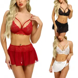 Sexy Lingerie For Women 3 Piece Lace Bralette,Bowknot Decor Mini Skirt With G-String Crotchless Lingerie Outfits Exquisite Boudoir Outfits