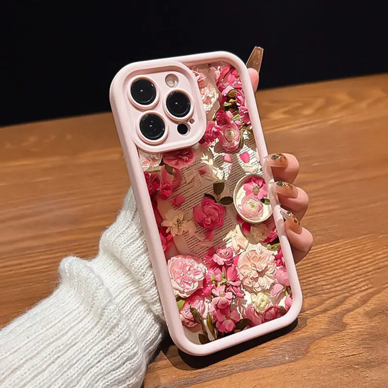 Romantic Pink Art Flowers & Newspaper Printing Smartphone Case with Protection, Handheld Cover for iPhone 11/12/13/14/15/16/17/17 Air/17 Pro Max, Birthday Gift Idea for Loved Ones