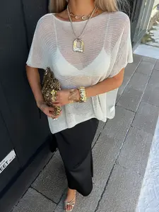 Women's Summer Hollow Out Batwing Sleeve Boat Neck Loose Cardigan, Lightweight Ice Silk Knit Top, Sun Protection, Beach Vacation Wear