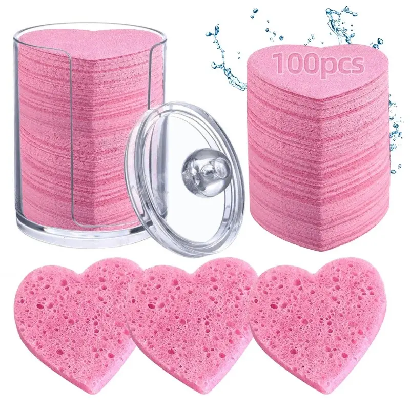 100 Heart-Shaped Compressed Facial Sponges, Soft Gentle Makeup Sponges for Daily Cleaning, Cleansing, Travel & Home Beauty Care Essentials, Ideal Gift