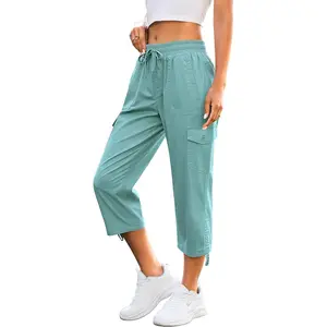Eddoyee Capri Cargo Pants for Women Drawstring Elastic Waist Capris Lightweight Hiking Pants with 6 Pockets S-XXL