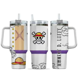 Luffi King Of Pirates 40oz Tumbler with Handle and Straw, Stainless Steel Vacuum Insulated Cup, OP Jolly Roger Skull Design, Anime Merch, Anime Tumbler