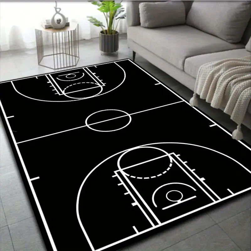 Home Decorative Rugs - Black Basketball Court Print Crochet Weave Nonslip Dustproof Modern Glam Rug, Indoor Doormat for Living Room Door Floors, Nonslip Hold Stays Put on Floor, Hand Wash Only