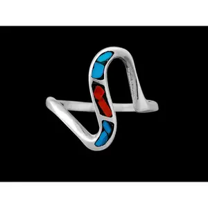 925 Sterling Silver Turquoise & Red Coral Abstract Ring, Curved Sectioned Design, Handmade Gemstone Band, Handcrafted Birthstone Jewelry (6)